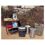 3 shelf book shelf 23.5x11.75x,29.5 in tall. 2 Trash Cans, Rolling Shredder, Luggage.