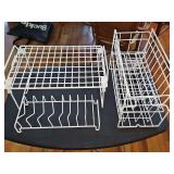 Shelving units. 15 x 10.25 x7-in tall rack, lid holder, and two drawer unit, 7x14 X 9.5 in tall.