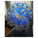 MCM Houze Art Glass Blue Mosaic Pheasant Ruffled Dish. Beautiful!! 11.5-in diameter X 2.5 in tall not including handle. Handle is 5 in tall