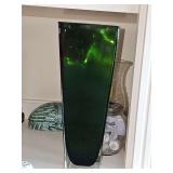 Hand blown heavy green vase with clear base. 12 in tall. Top measures 4.25 in square.