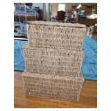 Set of 3 seagrass baskets measuring approximately 12.2" x 8.6" x 4.9" (small), 13.5" x 10.2" x 6.3" (medium) and 15" x 12" x 8" (large) and one wicker woven lined basket.