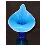 Blue art glass "Jack-in-the-Pulpit" style vase with an opalescent flared  top. 9.75 in tall.