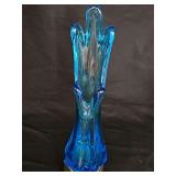 Hand blown blue glass swung vase. 10 in tall.