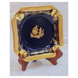 Limoges France Cobalt Blue and Gold Courting Couple Square Dish, often used as a decorative ashtray, trinket tray, or ring dish. Features a deep cobalt blue glaze accented with heavy 22k gold gilt tri