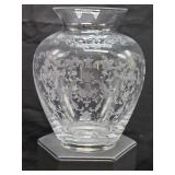 Cambridge Glass Rose Point (?) vase. 5.25 in tall.