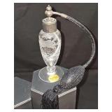 Royal Brierley crystal perfume atomizer with hand-cut floral design. In good condition, 6 in tall.