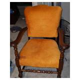 Orange velvet -like arm chair. Needs cleaned or reupholstered. 25x22x. Seat height 16 in