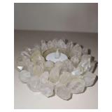 Clear Quartz Crystal Cluster Tealight Candle Holder with battery operated candle. 5.25 in diameter.
