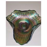 Fenton Stippled Rays green iridescent carnival glass ruffled/tricorn bowl.