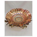Fenton Coin Dot marigold carnival glass bowl with brass leaf stand.