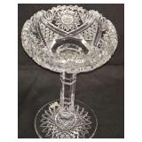 American Brilliant Period (ABP) cut glass pedestal compote featuring an intricate star, fan, and diamond-cut pattern with a faceted or multi-sided stem and a starburst base. 5.5 x 9 in tall.