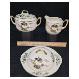 Creamer, covered sugar bowl, covered butter dish.  "Royal Bird of Paradise" produced by Epiag Czechoslovakia during the 1920s to 1930s.