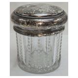 Antique silver lidded and cut glass humidor or biscuit jar, likely from the late 19th or early 20th century. Lid is marked Victor