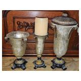 Three decorative mercury glass look resin covered jar, candle holder, and vase. 8.5, 9, and 12 in tall.