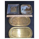 Mid century pewter and brass Chinese Double Happiness Ashtray/Valet Dish, and 3 solid brass trays. Need polished/cleaned