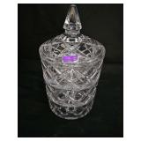 Marquis by Waterford Crystal 3-Tiered Stacking / Nesting Canister Set featuring a diamond-cut pattern and a pointed faceted lid. 5 x 9 5/8 in tall.