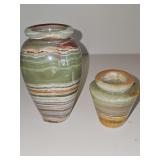 4 in and 2 in hand-carved Green Banded Onyx Vases.
