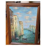 Framed painting on canvas of Venetian canal scene with gondolas. 29.25 X 41 in tall.