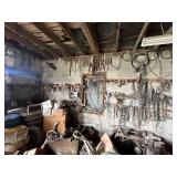 Clean Out Shop - Chain Binders, Chains on Wall, Lumber, Crosscut Saw, Aluminum Stepladder, Hand Tools, Scrap Metal, Tools