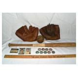 Vintage Baseball Lot: 2 mitts, bat, ball, 9 TCG 19