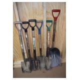 Tool lot: 4 shovels, aluminum scoop, potato fork;