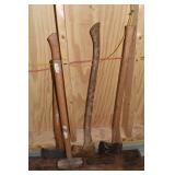 Craftsman and 2 other axes, sledge hammer and spli