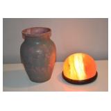 Himalayan salt lamp and stoneware urn; as is