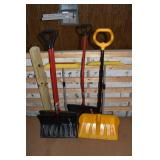 4 snow shovels, 2 telescoping snow brooms; as is