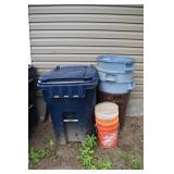 Rolling trash can, five 35gallon trash cans, 5 gal