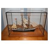 Hand made wooden 3 masted square rigger displayed