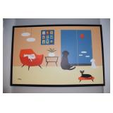 Framed screen print after Donna Mibus, 2 dogs, pig