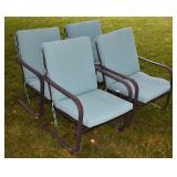 4 metal patio arm chairs with cushions; as is