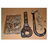 Lot: Pintle hitch, axle hook, grapple, safety pins