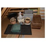 Group of planters, garden tray, bird feeder, etc.;