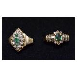 Two 14k gold emerald and diamond rings,  9.1g tw;