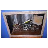 Framed hand painted picture of a motorcycle, signe