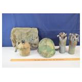Military gear: 2 gas masks, helmet, canteen, ruck
