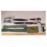 Lot: Machete knife, handcuffs, sling shot, etc.; a