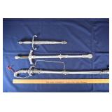 3 swords with scabbards largest 25" blade; as is
