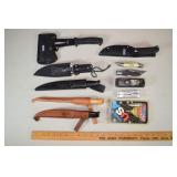 Collection of 8 knives, 2 multi-tools and an axe;