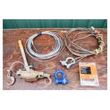 Lot: 3 rigging cables, 2 clevises, come-along