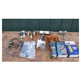 Lot: 4 faucets, filter wall light, deadbolt, etc.;