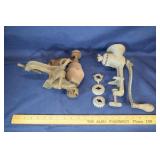 Antique meat grinder and grinding stone; as is