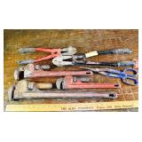 3 pipe wrenches including 24" Ridgid, 3 cutters; a