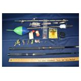 Fishing lot: 2 partial rods, lures, decorative woo