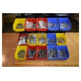 15 plastic parts bins with hardware and metal rack