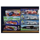 (8) die cast model trucks: fire, transport, etc.;