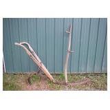 2 garden tools: scythe and walk behind plow; as is