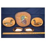 5 Carved decoys on wood plaques; as is