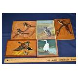 5 Painting on wood panels of birds, ca. 1940 by F.